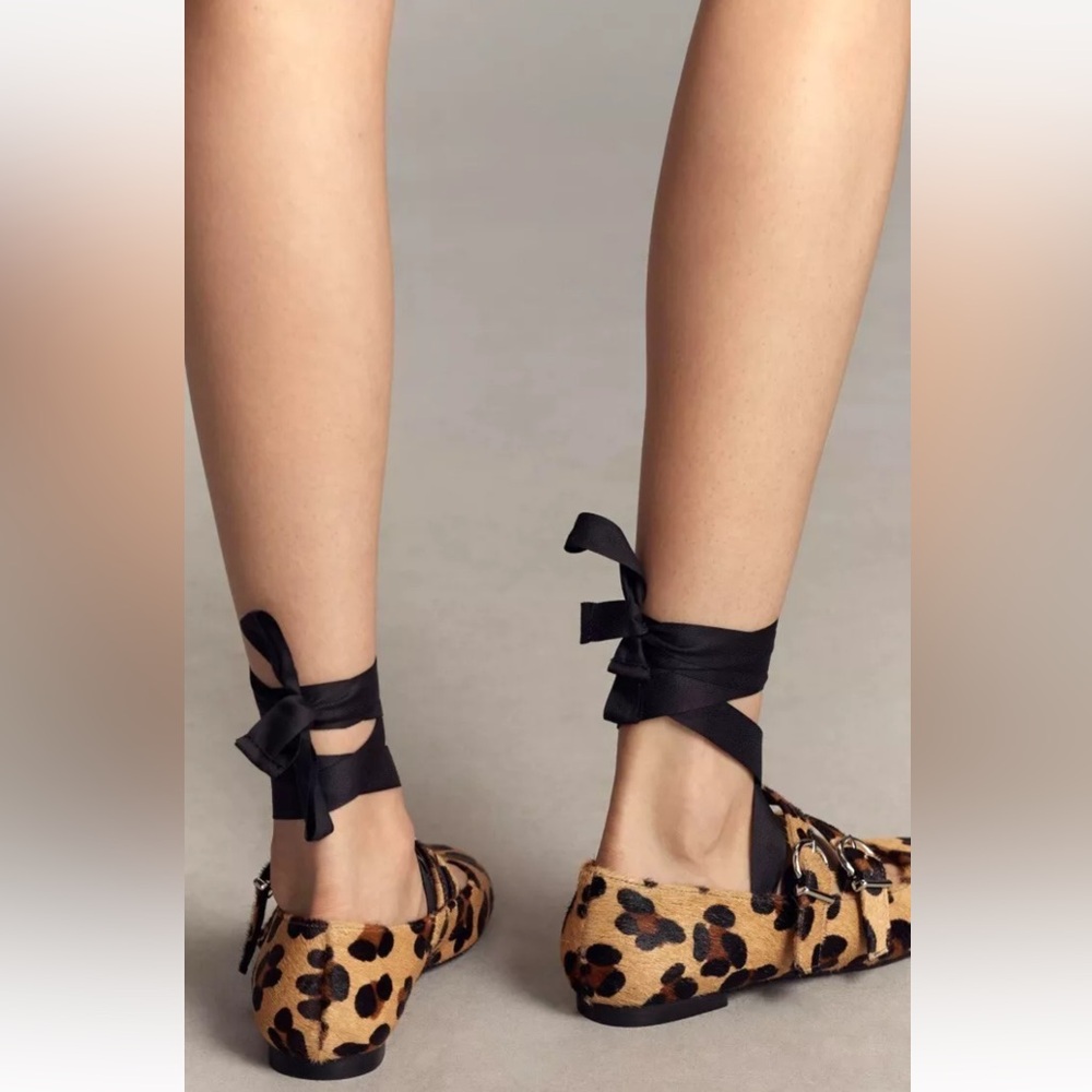 Anthropologie Alohas Thekla Mary Jane Ballet Flat Leopard Hair Print Lace Up - Picture 10 of 10